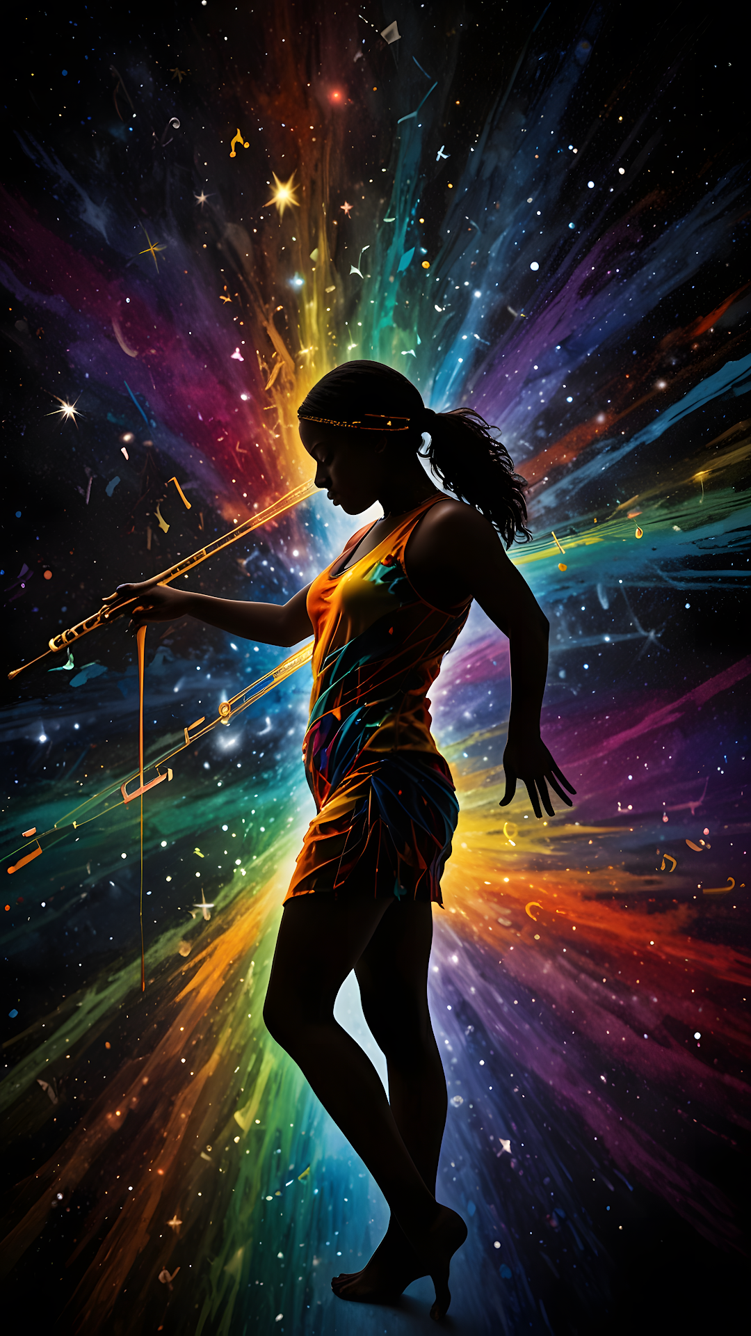 Cosmic Dancer Silhouette in Vibrant Rainbow Explosion - Free 4K mobile Wallpaper