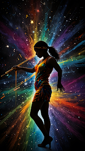 Cosmic Dancer Silhouette in Vibrant Rainbow Explosion