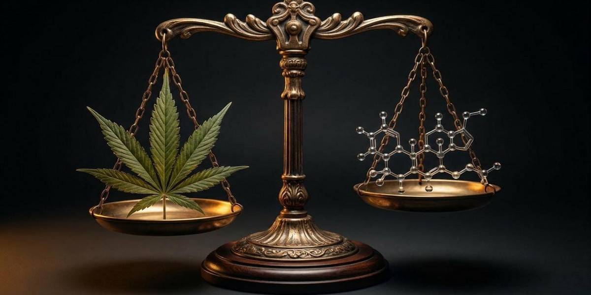 Bilancia della giustizia con foglia di cannabis e molecola di HHC, simbolo della legalità