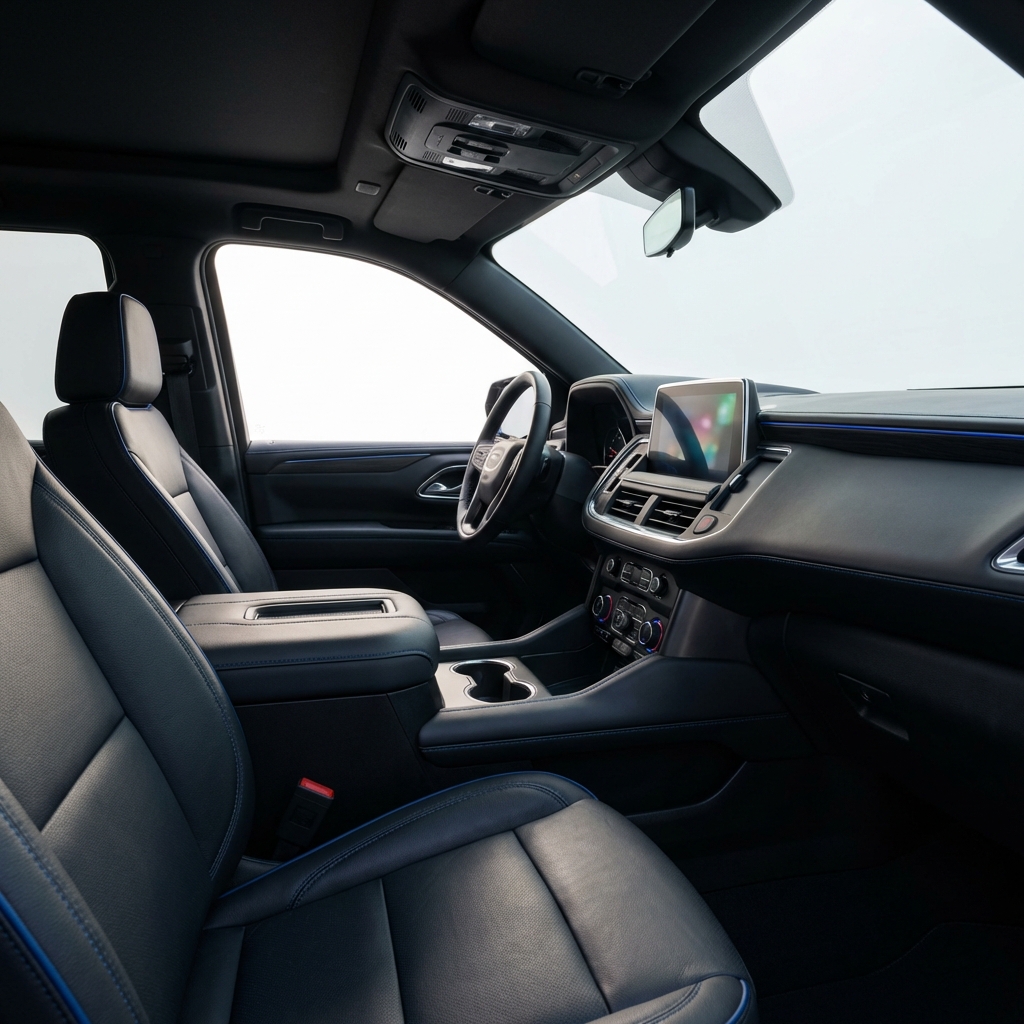 Yukon Denali interior close up showing leather seats stitched dashboard and infotainment screen with subtle blue accents yukon gmc for sale