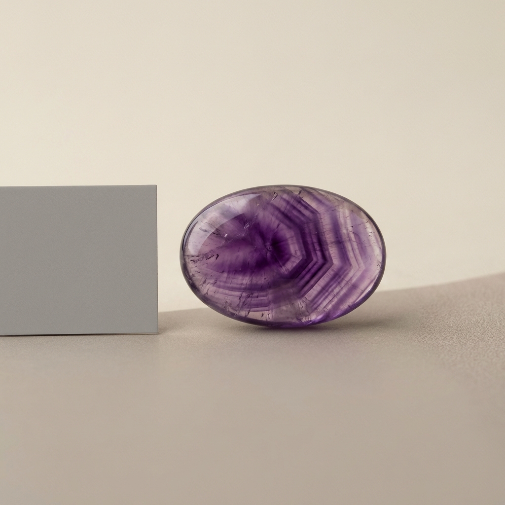 Close up controlled light photo of an ancient amethyst ring cabochon showing purple growth zoning beside a neutral gray card on a minimalist pale beige background