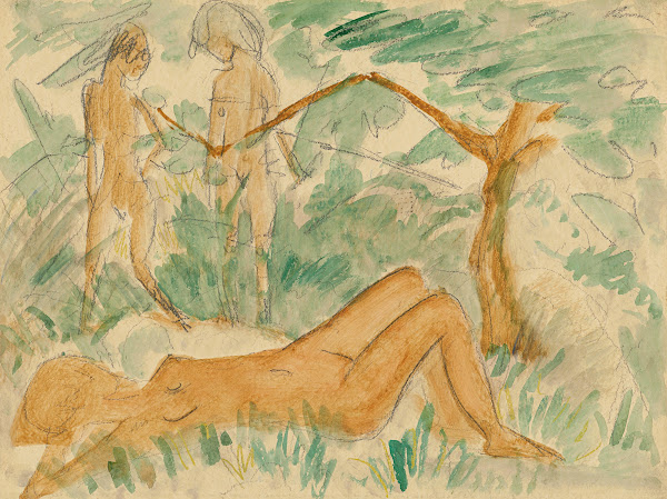 Großer liegender und kleine stehende Akte in Landschaft 1925
