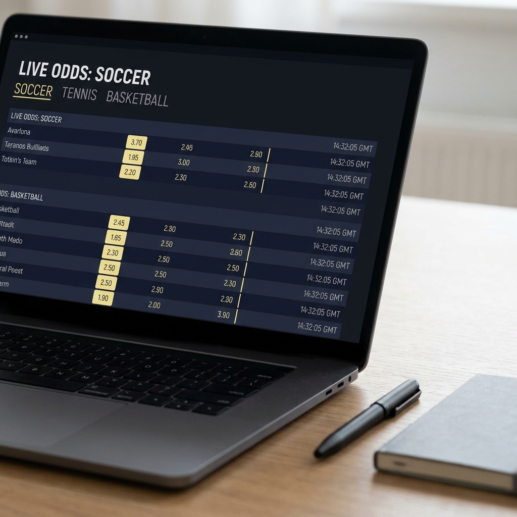 Close up of laptop sports betting feed showing changing odds and timestamps with a pen and notebook beside in Funded Plays brand style line movement betting
