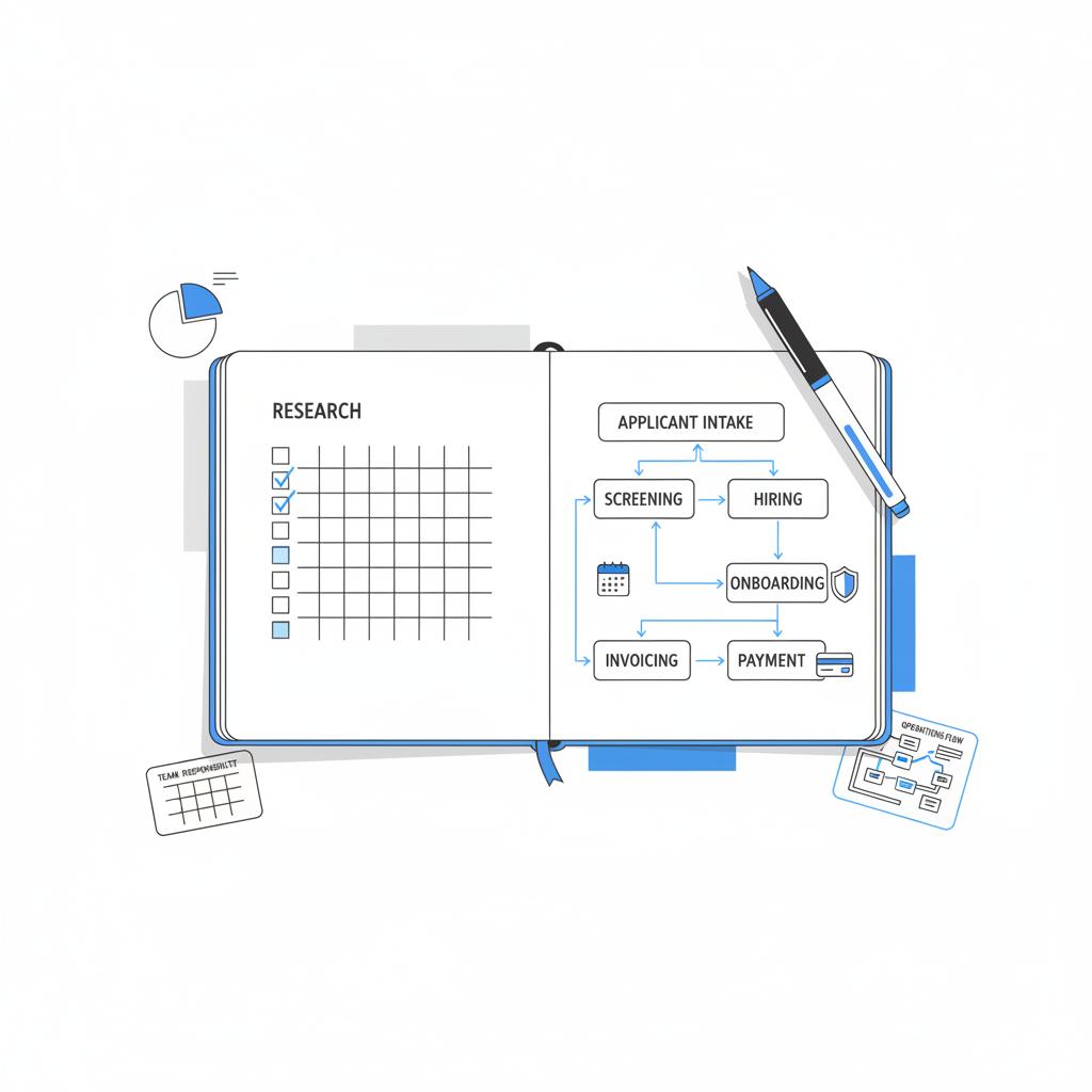 Overhead vector of an open notebook with checklist and flowcharts mapping recruitment-to-payment steps, plus calendar, payment card and privacy shield icons, minimal colors &mdash; watch TikTok