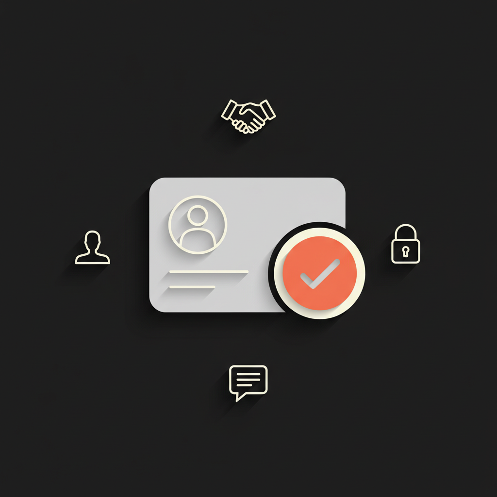 Minimal 2D vector infographic of a stylized profile card with a verification tick badge and icons for partnerships, messages, and a lock, for an Instagram verification article.