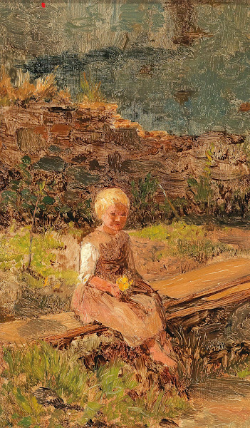Child Sitting on a Wooden Walkway