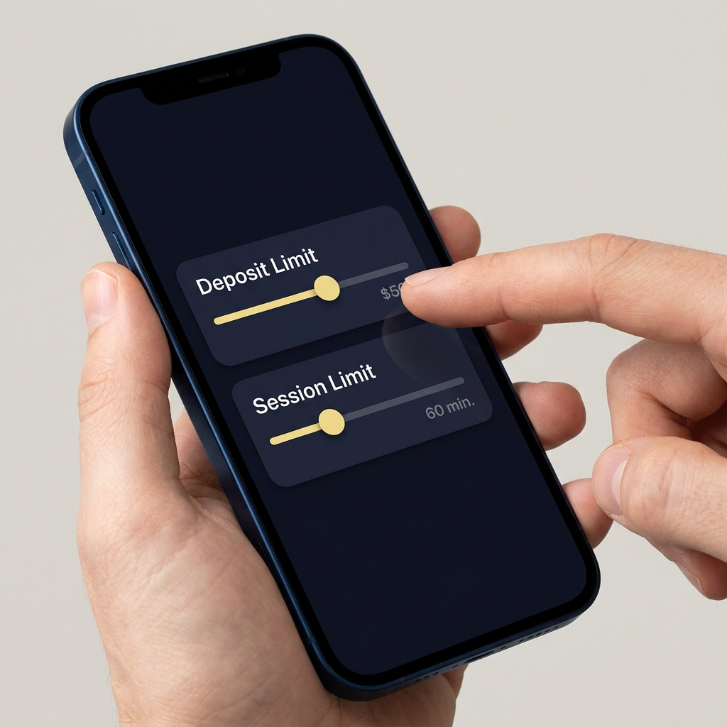 Close up of a hand adjusting deposit and session limit sliders on a minimalist account settings screen How to Use Self-Exclusion and Account Controls in Funded Plays brand colors