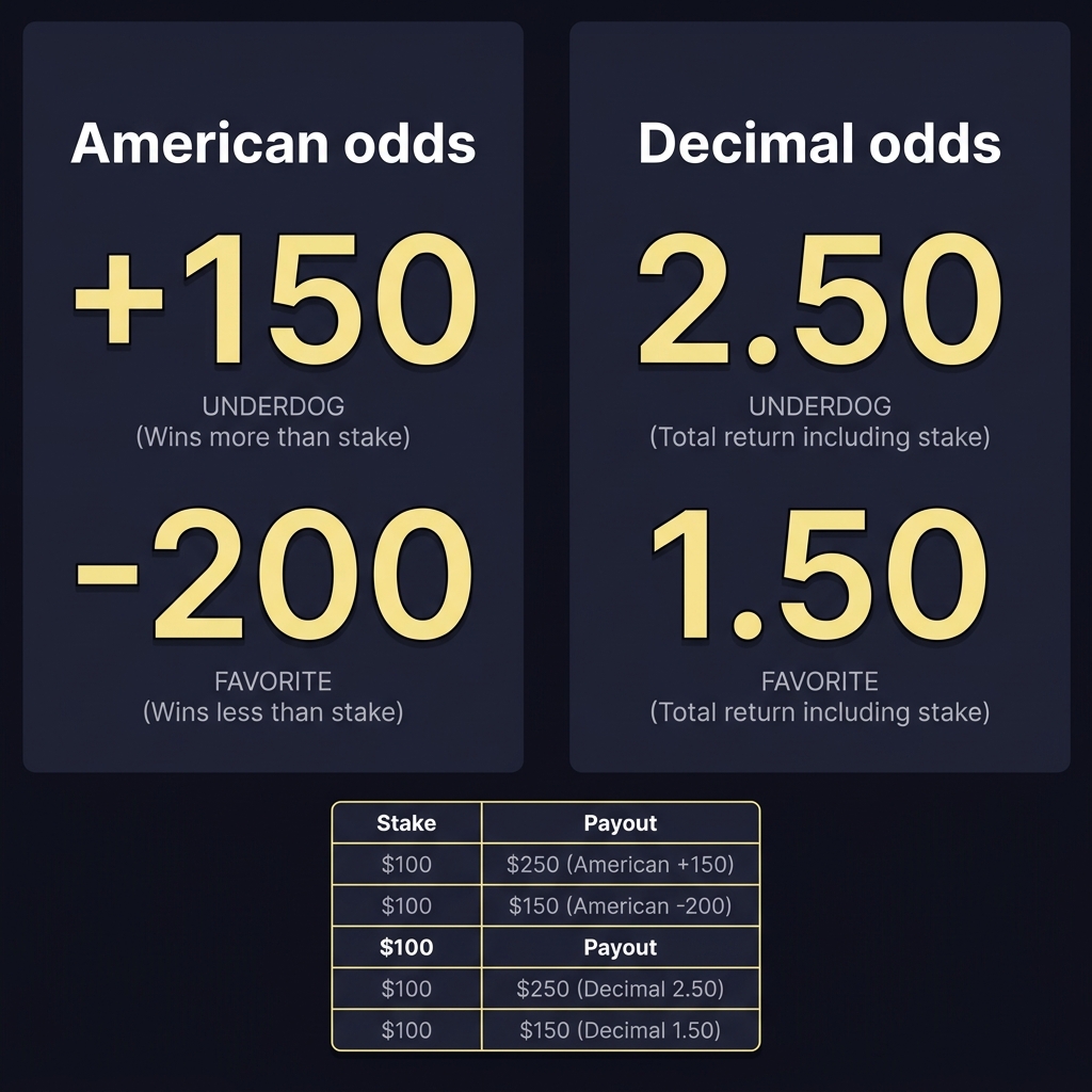 Side by side comparison of American odds and decimal odds with a compact table showing example stakes and payouts sports odds converter