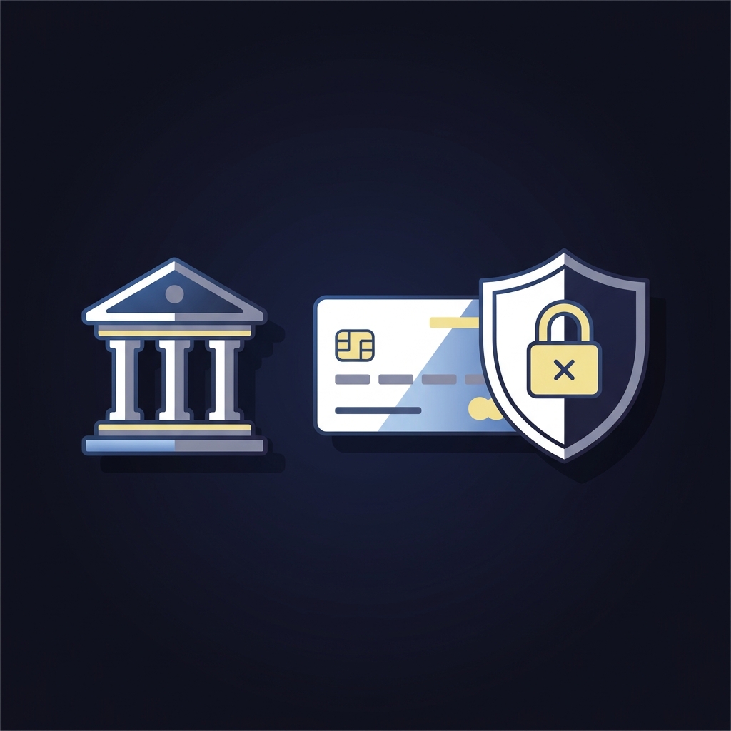 Minimalist full frame illustration of a locked payment flow with a bank icon credit card and shield with lock in Funded Plays colors 1xbetonline