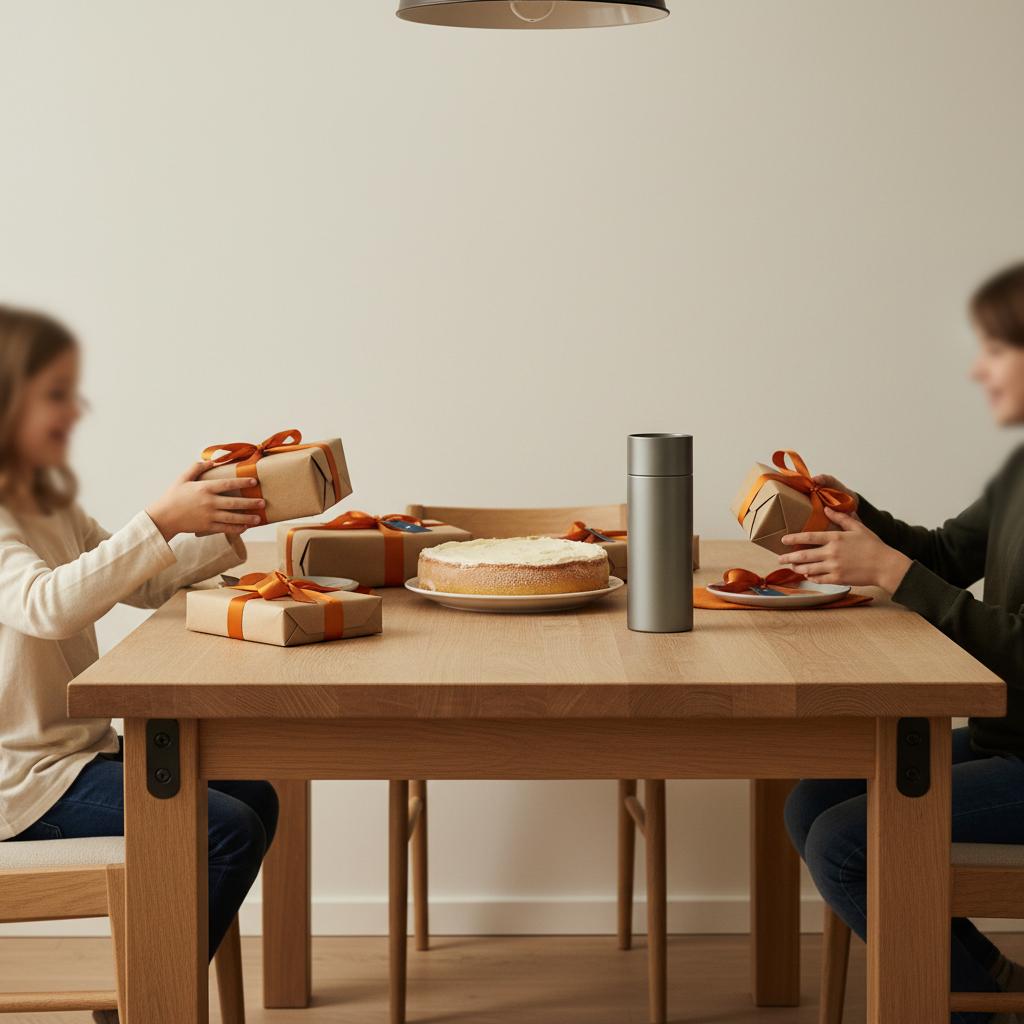 Intime Esstischszene mit Geschenken und Vanilletorte, Hände öffnen Geschenke im minimalistischen, industriellen Stil — Vergleich mydays vs jochen schweizer.
