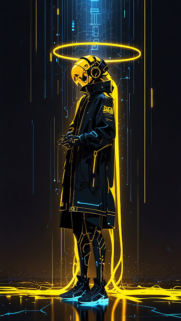 Cyberpunk figure with glowing yellow halo and neon lines - Free mobile Wallpaper