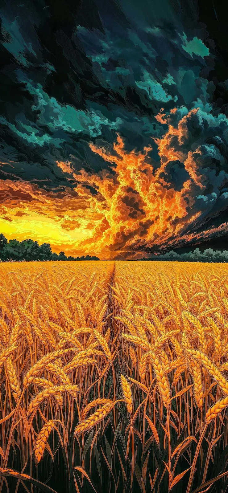 Golden Wheat Field At Sunset - Digital Illustration Full HD iPhone Wallpaper (1185x2567)