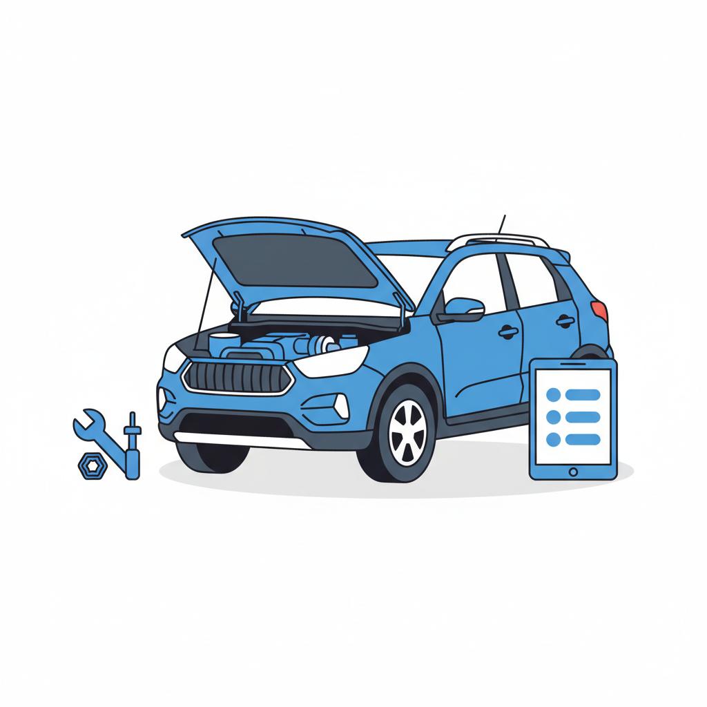 Minimalist vector of a compact SUV with open hood showing transmission area tools and a checklist tablet nearby in CarFax Deals blue highlighting rav4 used for sale