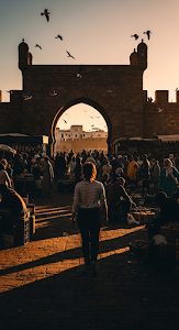 Candid Street Photography of Woman Walking Through the Gate of a Moroccan Fishing Port at Sunset