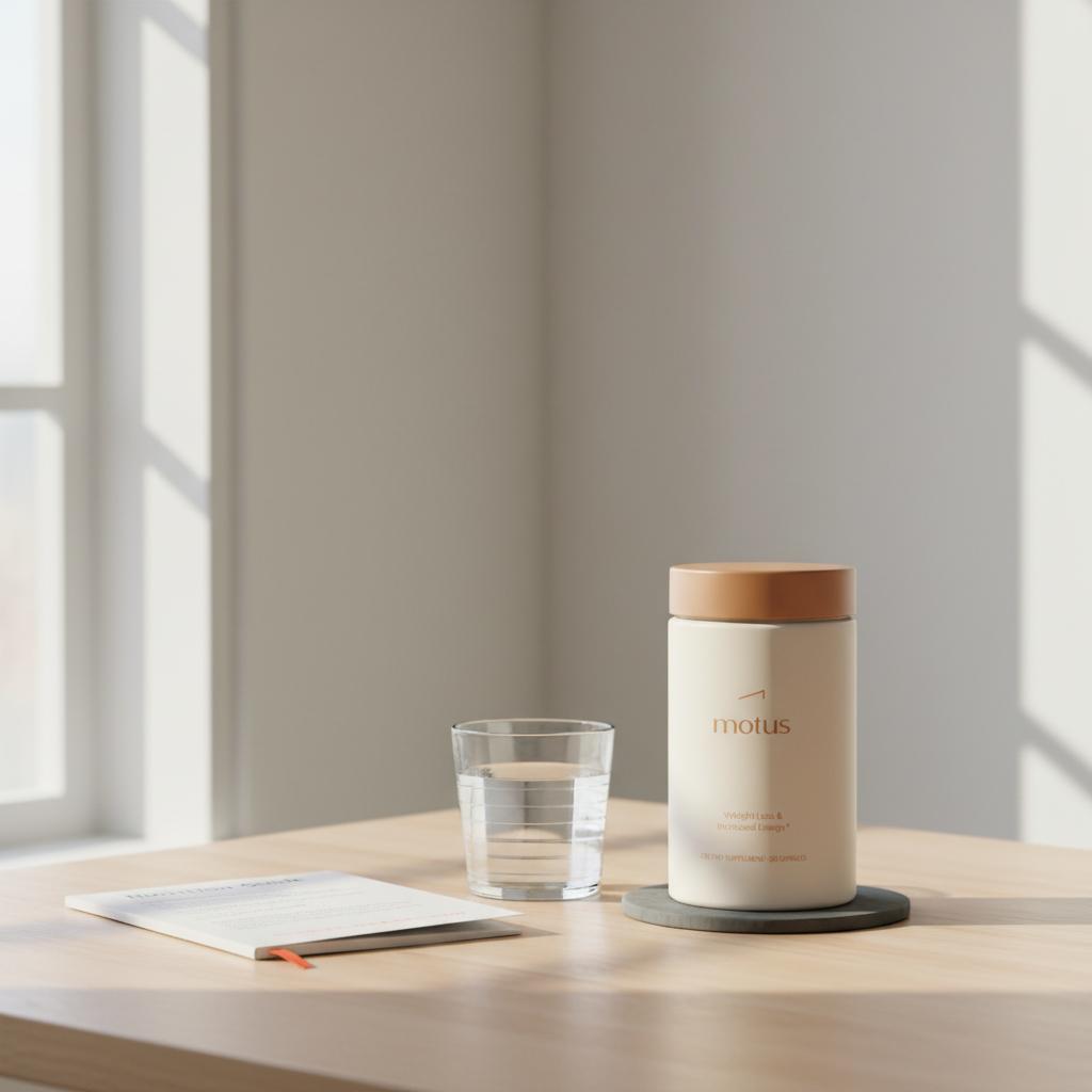 Is Adipex a good weight loss pill? Minimal full-frame photo of the Motus jar on a wooden table by a window with a glass of water and a folded nutrition guide in Tonum colors.