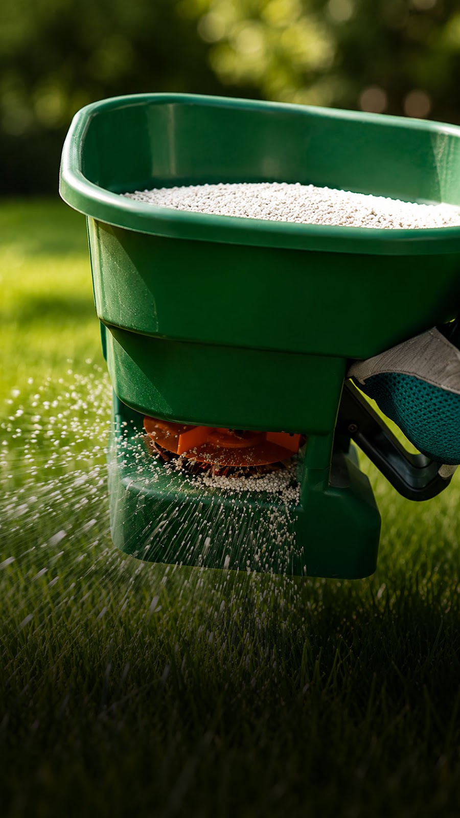 Fertilizer spreader treating a lush spring green lawn