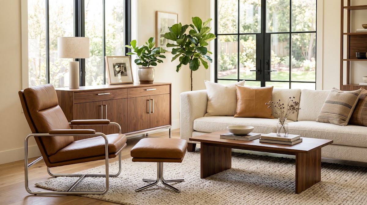 How to Make Chrome and Leather Feel Warm in a Living Room - chrome accents used in living room bedroom and dining room