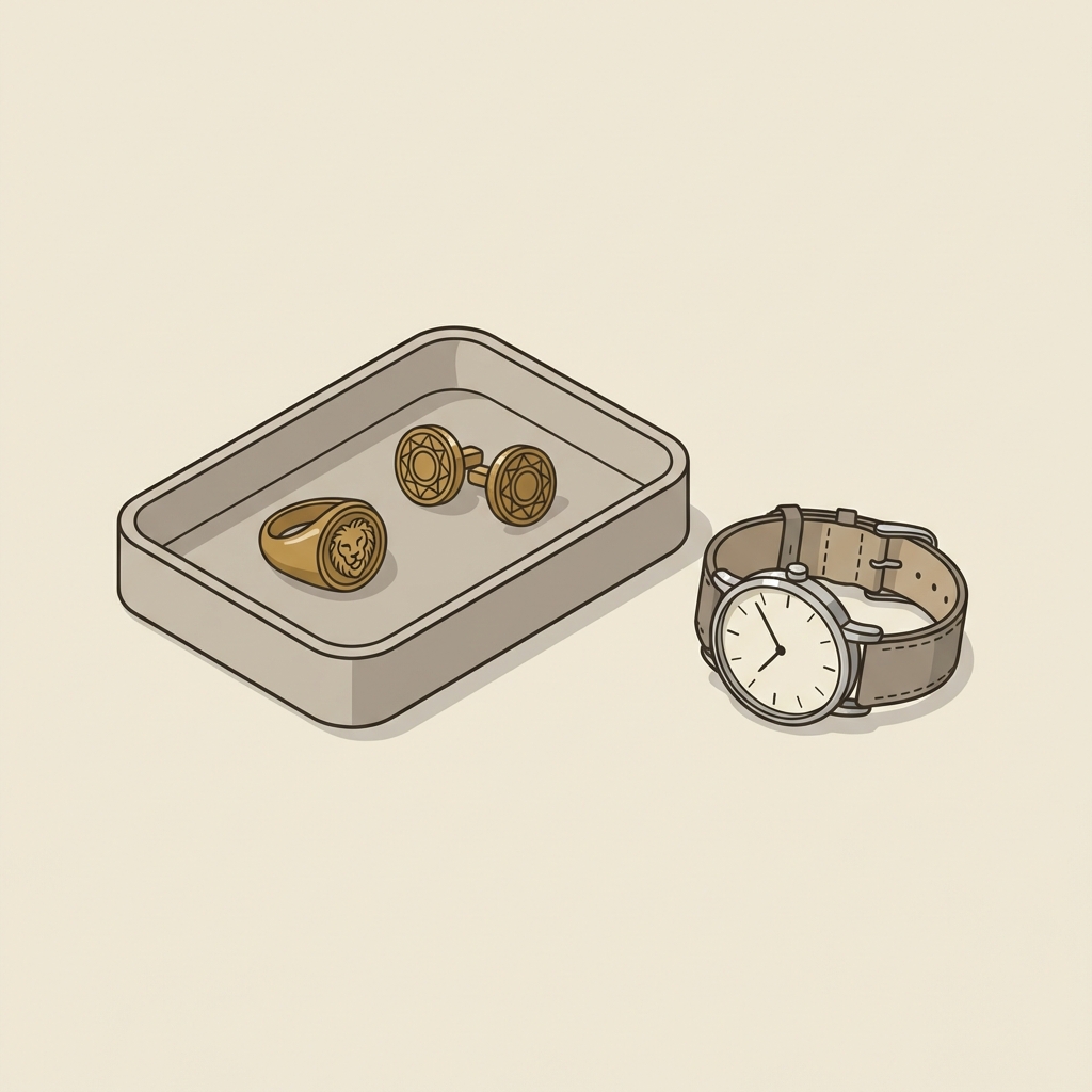 Minimal 2D vector still life of an ancient signet ring on a leather tray with cufflinks and a watch on a cream background