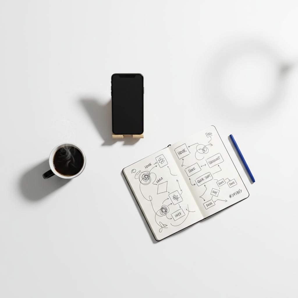 Top-down flat-lay of TikTok creation tools: smartphone on a stand, ring light reflection, sketchy notebook page with non-legible hook ideas, coffee, blue pen #1a5bfb &mdash; 1000 views on TikTok