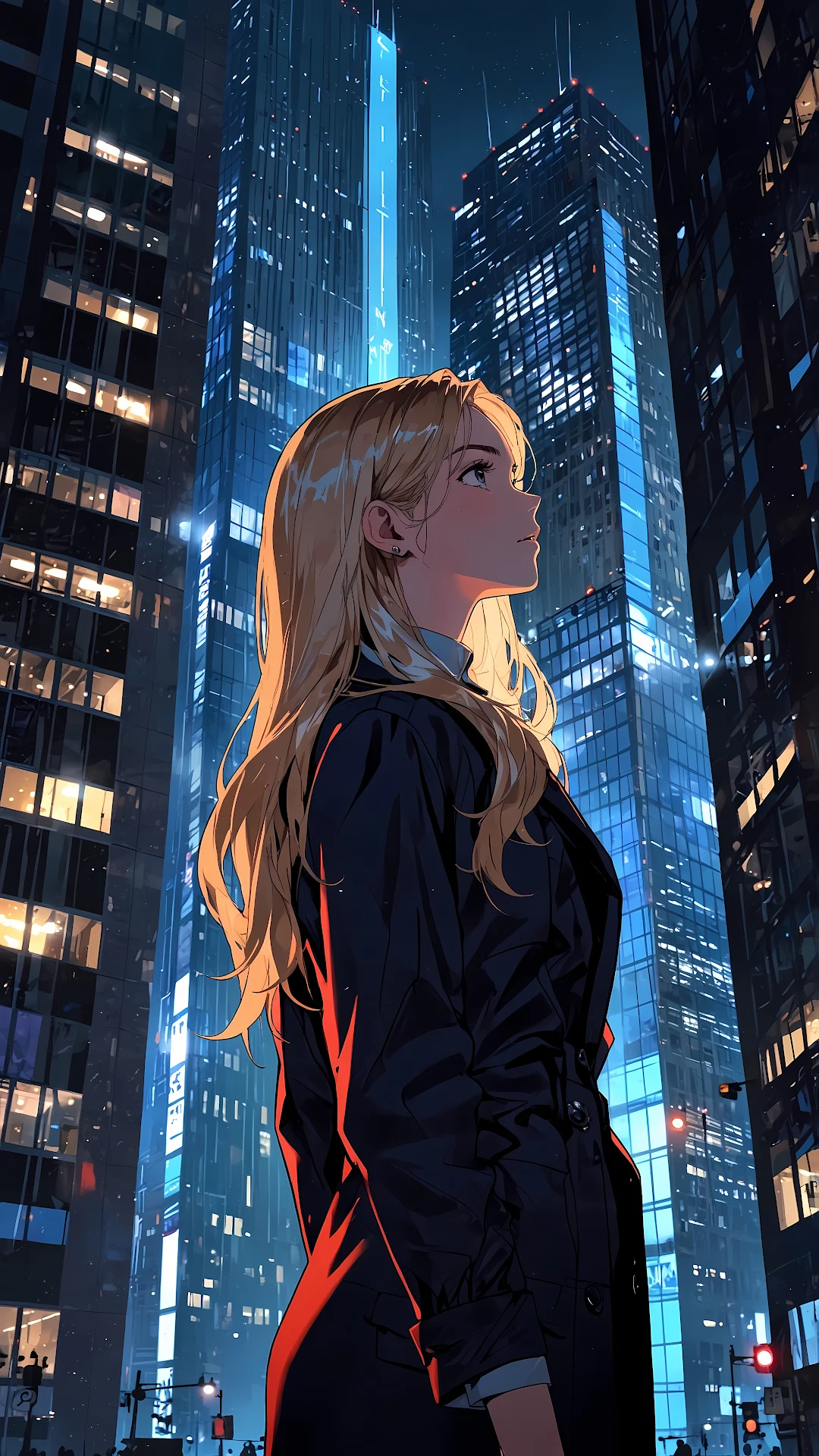 Blonde Woman Staring at Illuminated Night Skyscrapers - Free 4K mobile Wallpaper