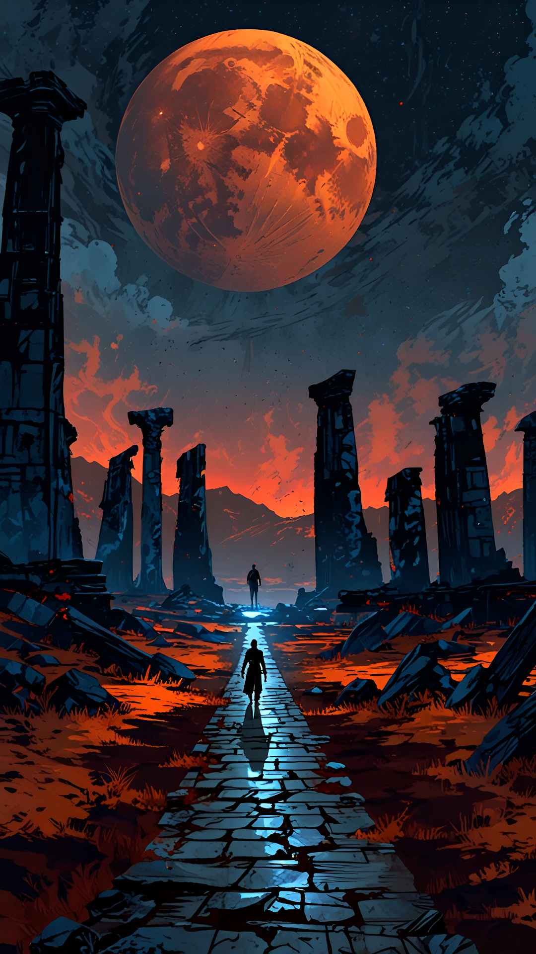 Silhouette Walking Toward Blood Moon Through Ruins - Free 4K mobile Wallpaper