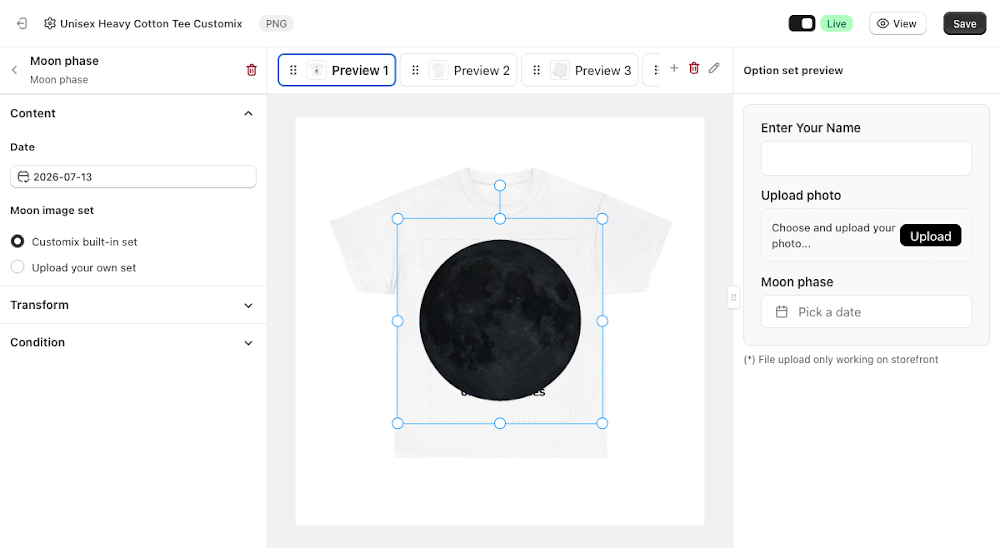 Content panel with Date field and Moon image set, Customix built-in set selected