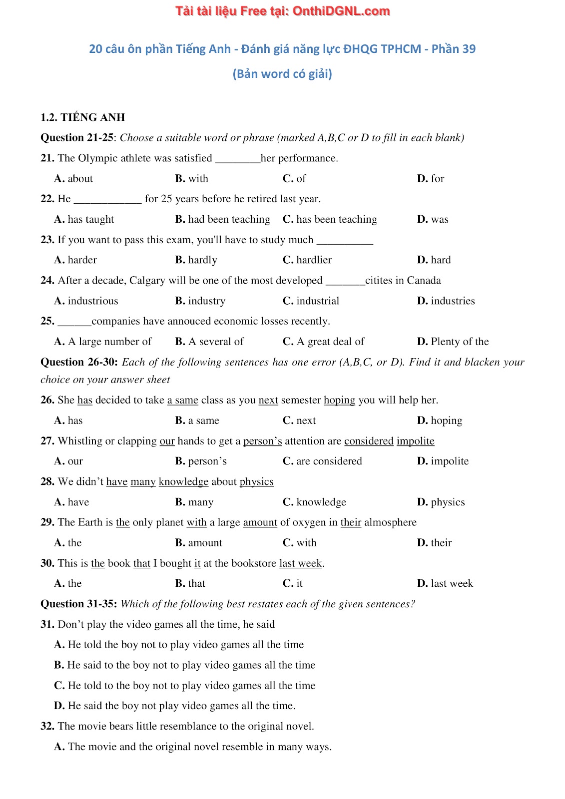 800 bài tập môn Tiếng Anh - Ôn thi ĐGNL ĐHQG TP HCM Phần 39