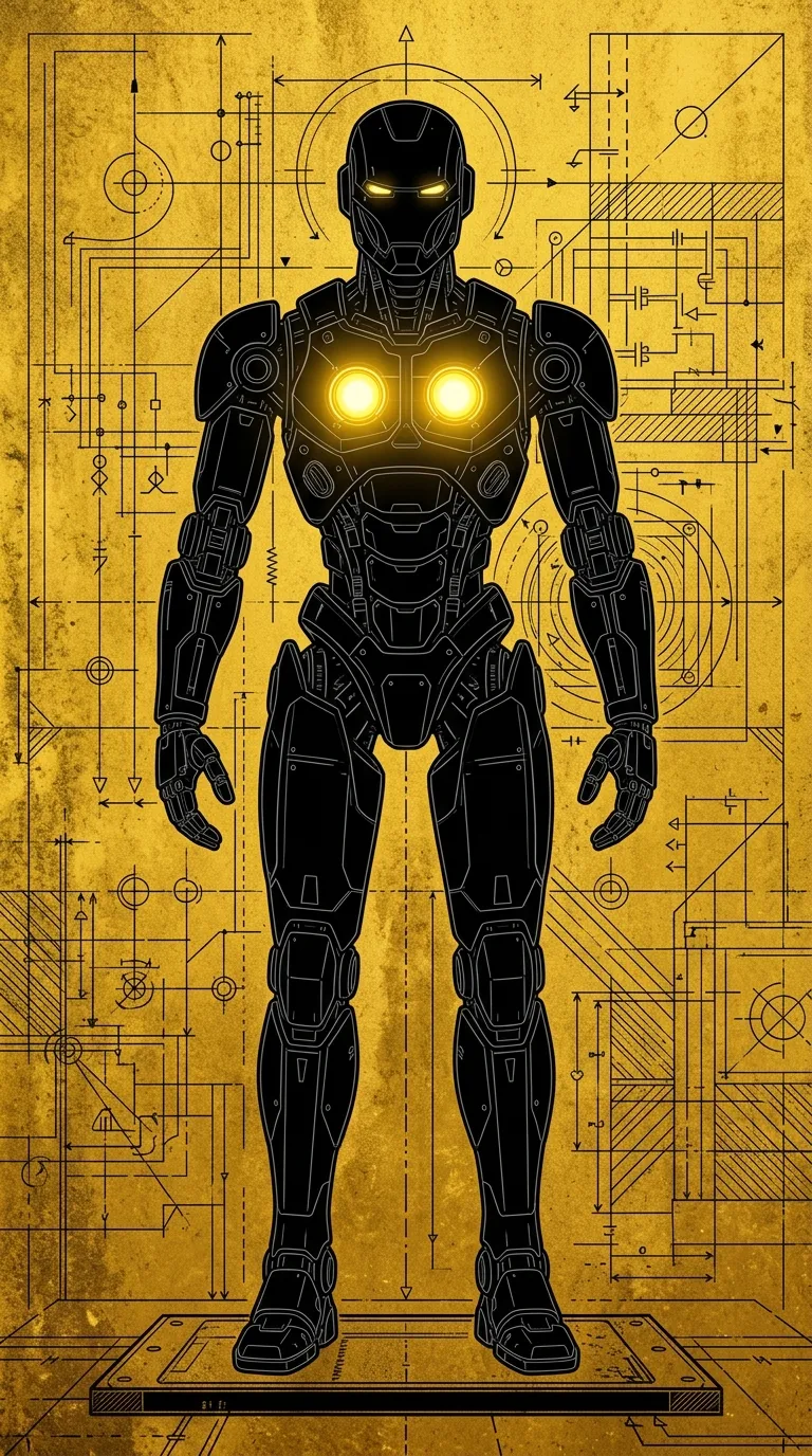 Technical Illustration of a Humanoid Robot on a Textured Gold Background - Free 4K mobile Wallpaper