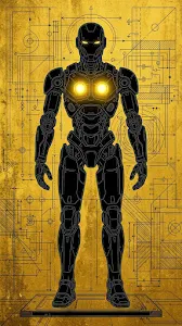 Technical Illustration of a Humanoid Robot on a Textured Gold Background
