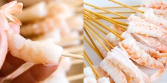 Tôm tươi luộc chín, bóc sạch vỏ, dùng que xiên xiên vào con tôm để giữ cho tôm được thẳng.