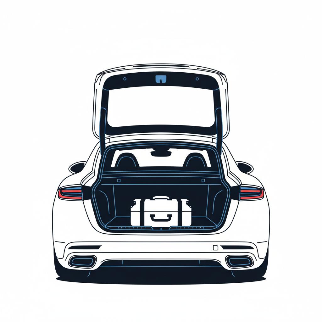Minimalist 2D vector rear trunk view of a Porsche Panamera for sale showing cargo opening shape and a standard suitcase for scale on a white background