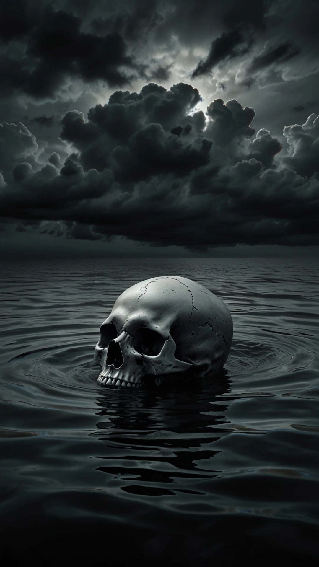 Ominous Skull Floating in Dark Water Under Storm Clouds - Free 4K mobile Wallpaper