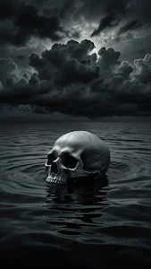 Ominous Skull Floating in Dark Water Under Storm Clouds