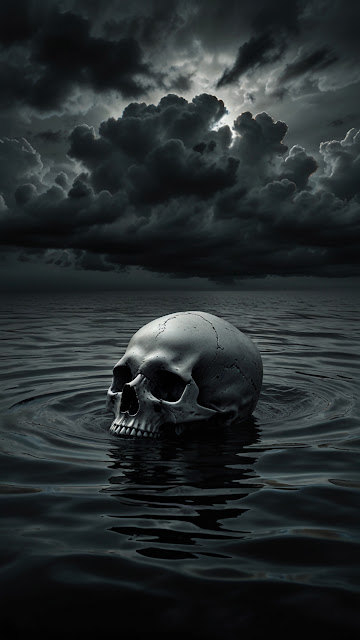 Ominous Skull Floating in Dark Water Under Storm Clouds - Free mobile Wallpaper