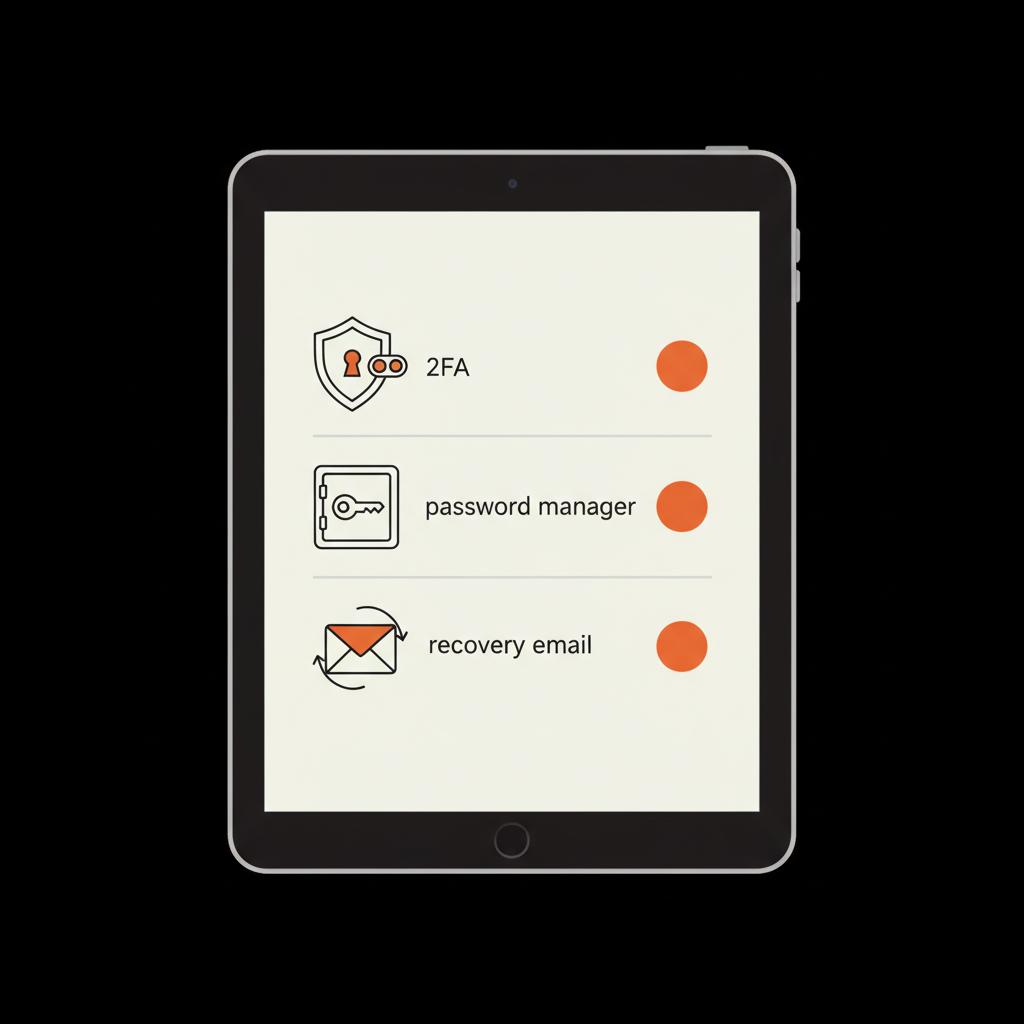 Minimal 2D vector infographic of a tablet showing a secure checklist with icons for 2FA, password manager, and recovery email to recover my Gmail password.