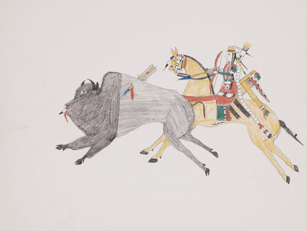 Bison hunt with Indian on horseback 1876