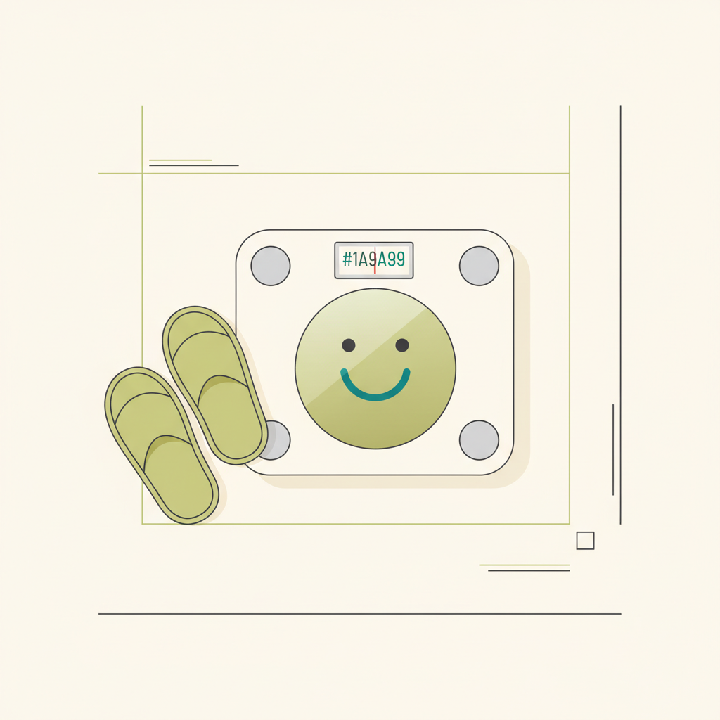 Nahaufnahme einer minimalistischen 2D-Vektorwaage mit Smiley-Display auf hellem Hintergrund, gemütliche Pantoffeln daneben – positive Körperwahrnehmung für trainingsplan muskelaufbau