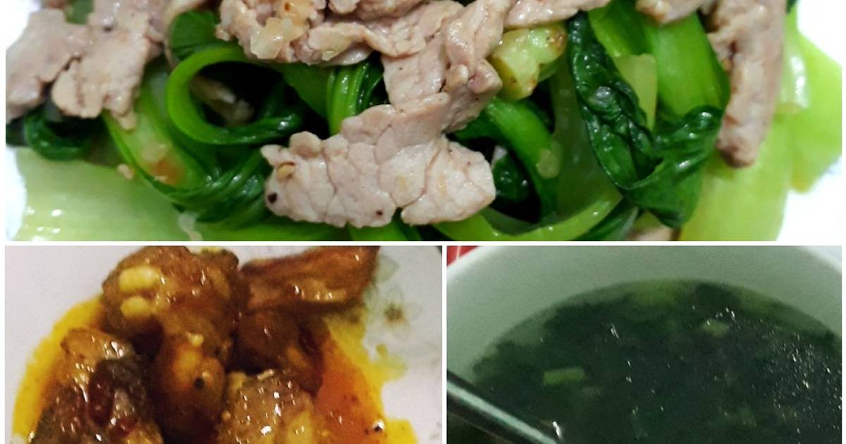 Sườn non chua ngọt + thịt heo xào cải thìa + canh tần ô