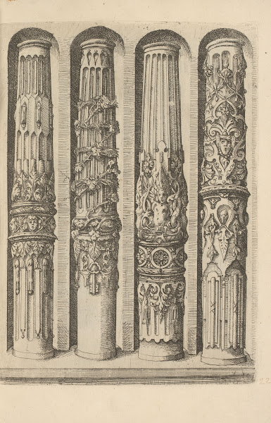 Four shafts of Ionic columns decorated with foliage mascarons grotesques and scr