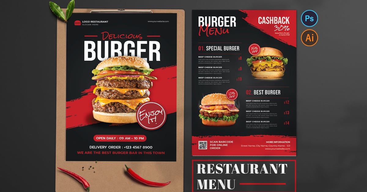 Delicious Burger – Food Menu Design Free Download – Envato Elements
