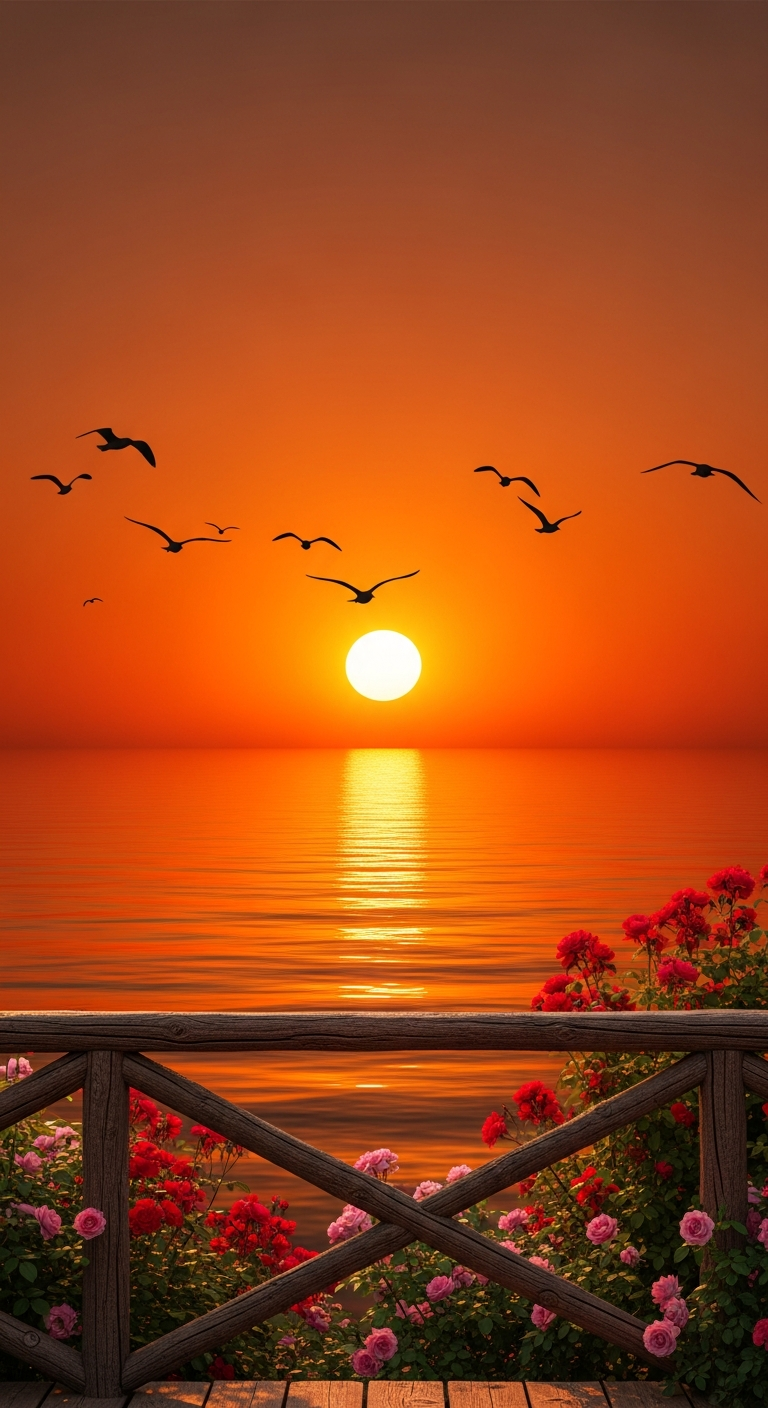 Flock of Seagulls Flying Over the Ocean During a Vivid Orange Sunset with Roses - Free 4K mobile Wallpaper