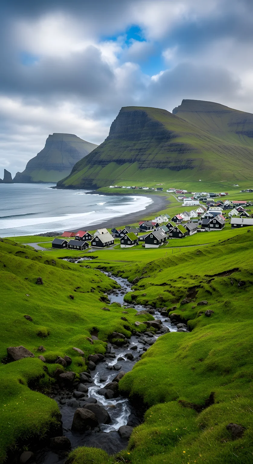 Coastal Village of Saksun in the Faroe Islands Landscape