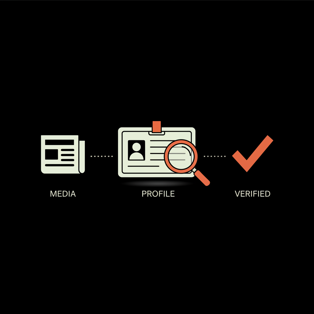 Minimal vector infographic showing a magnifying glass over an ID card, a newspaper icon and an orange checkmark on black background for Instagram verification