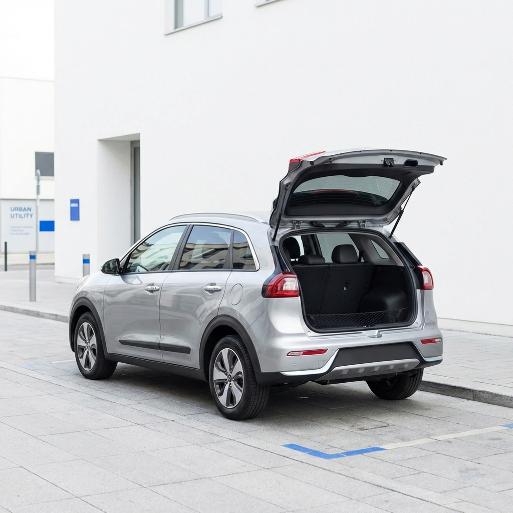 Silver compact crossover 3 quarter front on clean urban street open trunk showing cargo space minimal white background subtle 3666ed blue accents best-selling Nissan model 2024