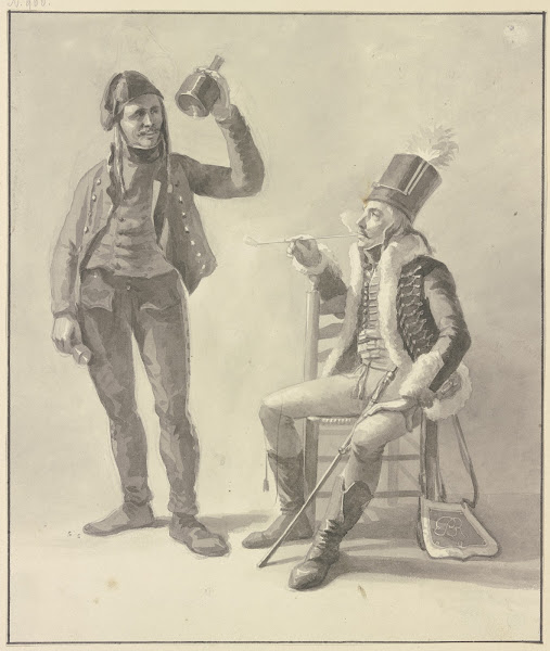 Sitzender rauchender Husar dabei der Wirt mit Flasche und Glas