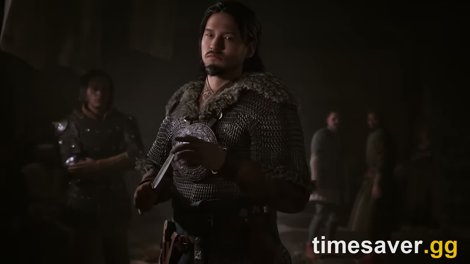 The Blood of Dawnwalker character portrait — Coen stands in chainmail and a fur mantle among warriors in a dim hall