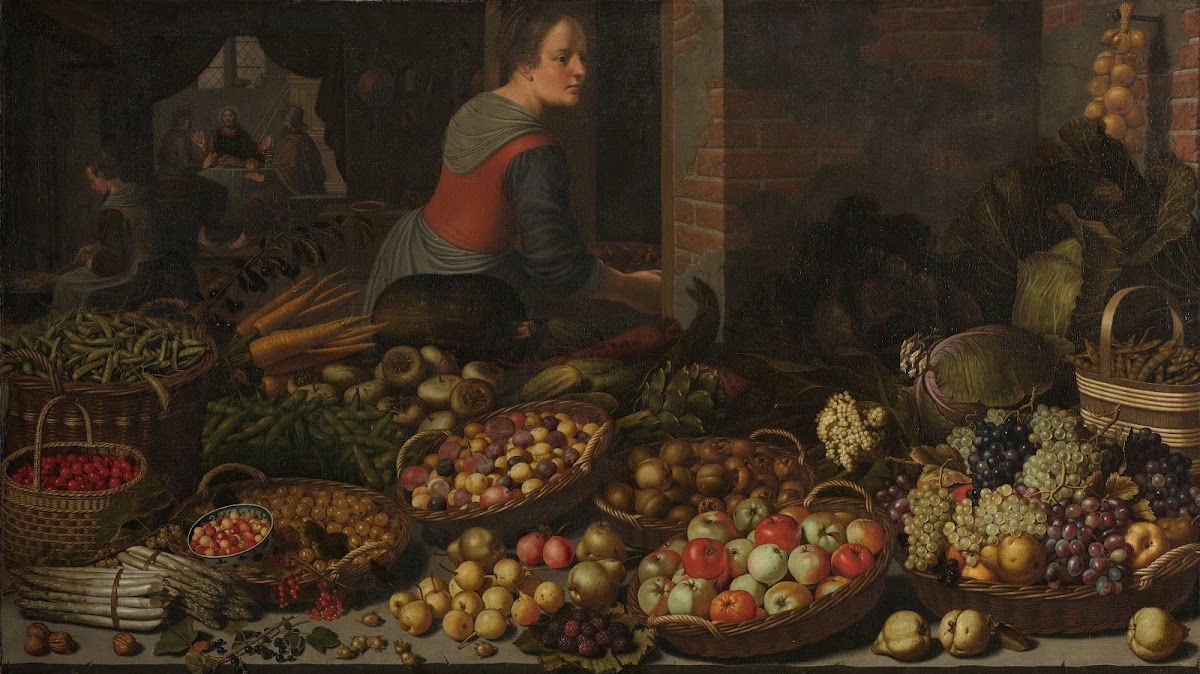 Still Life with Fruit and Vegetables with Christ at Emmaus in the background c 1