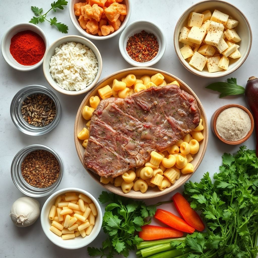 Ingredients for Creamy Steak and Pepper Jack Mac and Cheese Dinner (Easy One-Pot Comfort)
