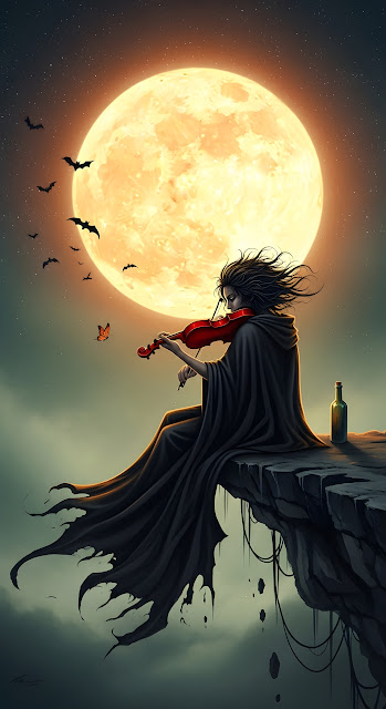 Gothic Violinist Playing Under Giant Orange Moon - Free mobile Wallpaper