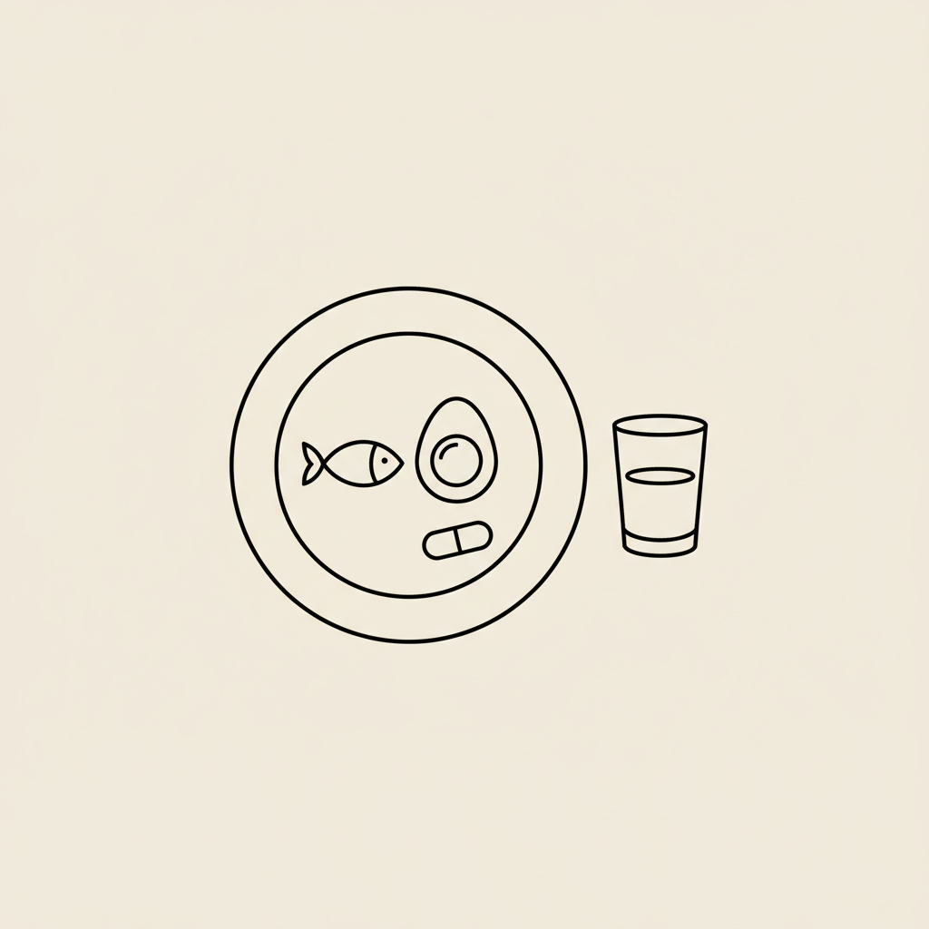 Minimal Tonum-style line illustration of a plate with a fish, halved egg, capsule and water glass on beige background illustrating how to lose 100 pounds safely.